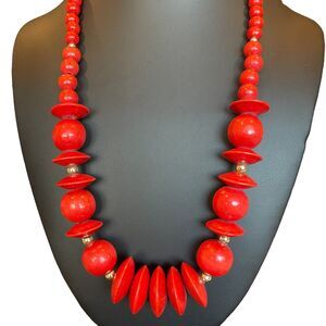 Vintage Red Multi Shaped Wood Beaded 23” Necklace Barrel Closure Boho Casual